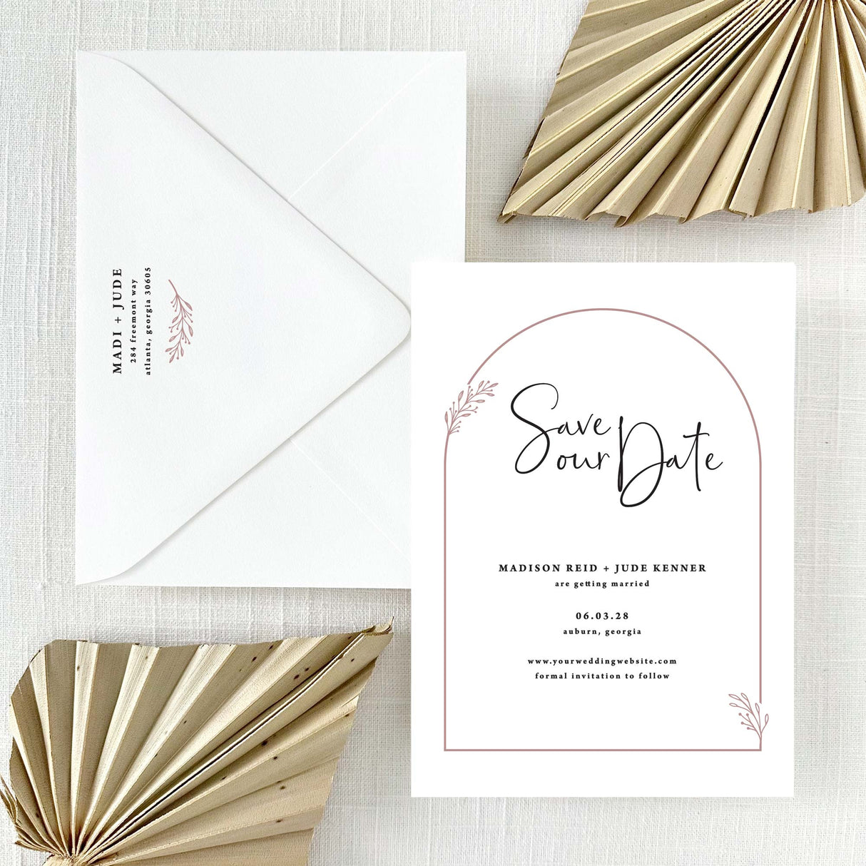Save the date card with dusty rose arch and  envelope with return addressing