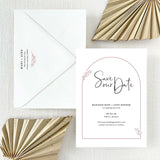 Save the date card with dusty rose arch and  envelope with return addressing
