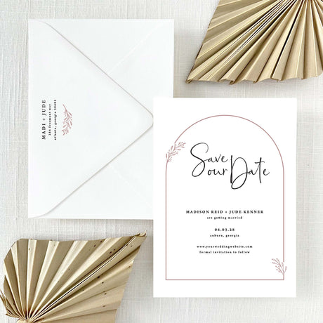 Save the date card with dusty rose arch and  envelope with return addressing