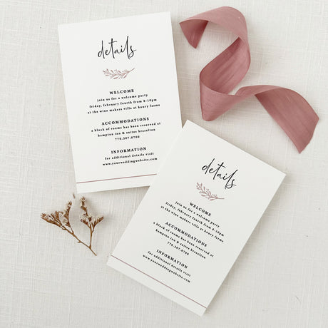 details cards with dusty rose accents and modern script fonts printed on white cardstock