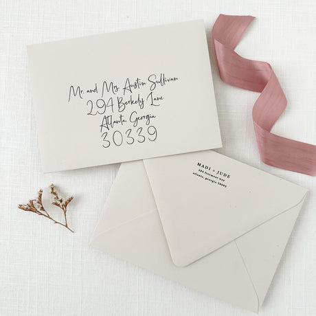 light taupe invitation envelopes featuring guest and return addressing in black ink