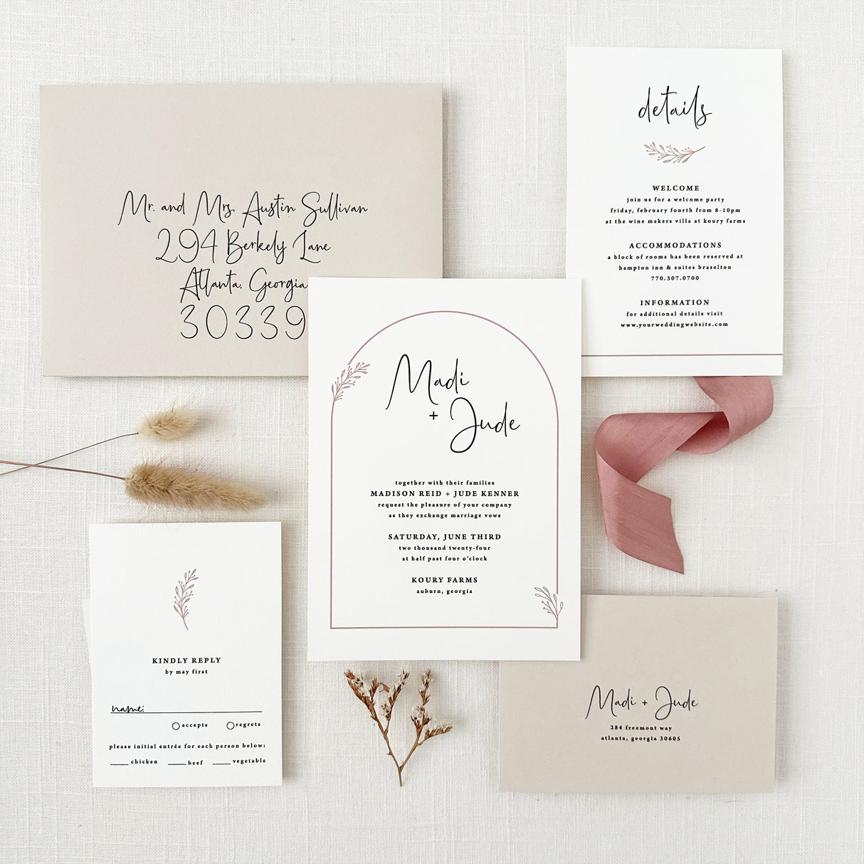 Dusty Rose Arch Wedding Invitation - Sample Set