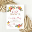 Bridal shower invitation with fall floral design on a white background