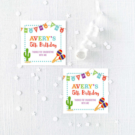 party fiesta stickers with colorful garland design, cactus, and maracas