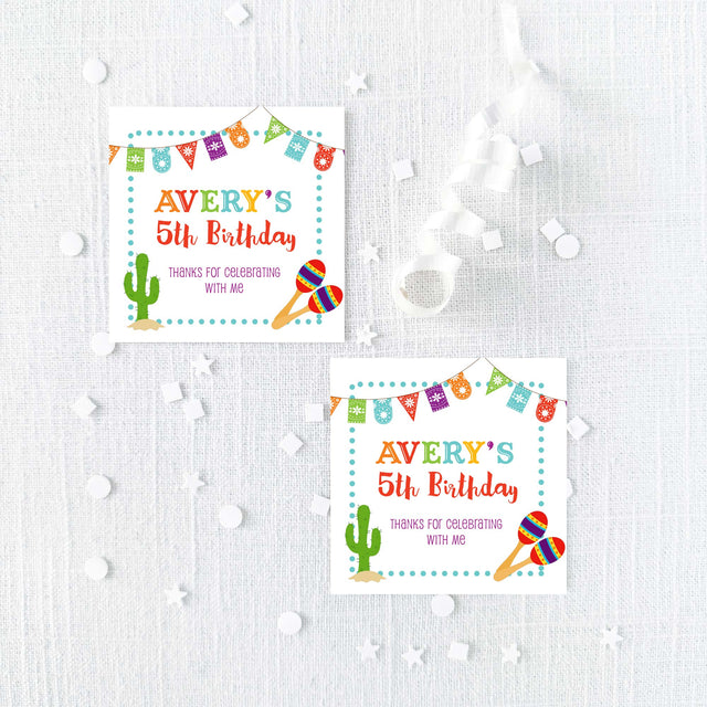 party fiesta stickers with colorful garland design, cactus, and maracas
