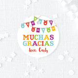 colorful fiesta round favor tag with text 'muchas gracias' printed on white cardstock