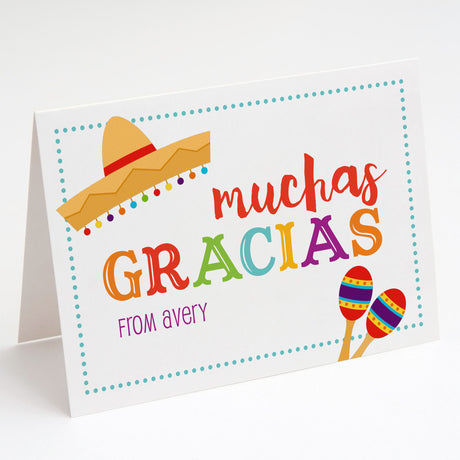 Colorful card with 'muchas gracias' text, sombrero, maracas, and decorative dot border printed on white cardstock