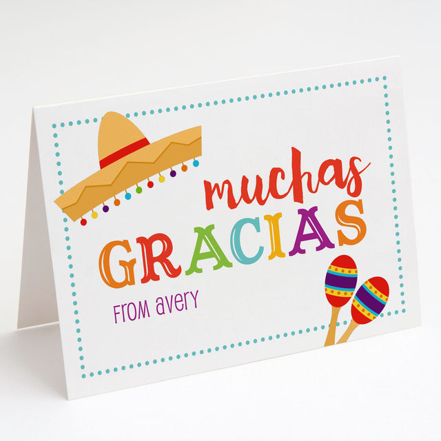 Colorful card with 'muchas gracias' text, sombrero, maracas, and decorative dot border printed on white cardstock