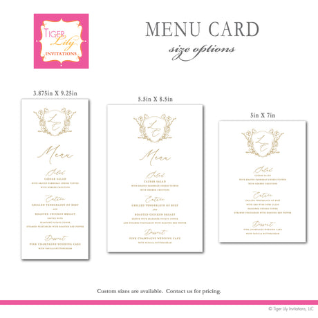 Gold Crest Wedding Menu Cards