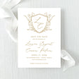 Wedding save the date with gold monogram floral crest with script font