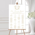 24 x 36 seating chart with gold monogrammed floral crest