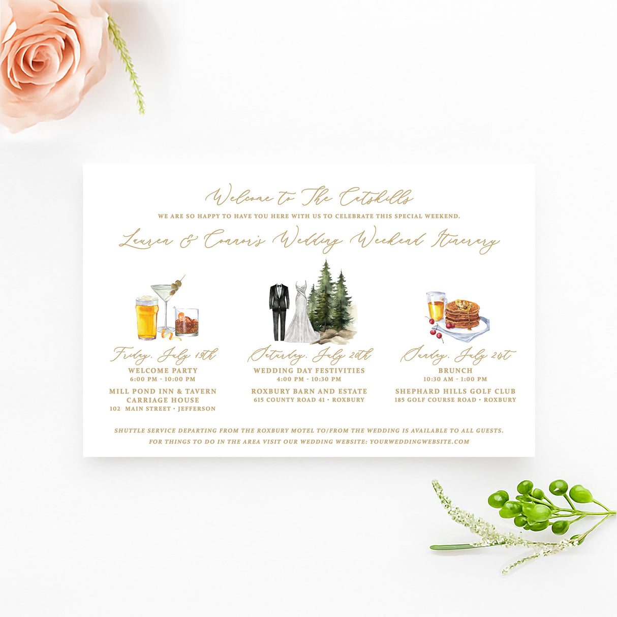gold crest wedding itinerary with watercolor pictures to match events