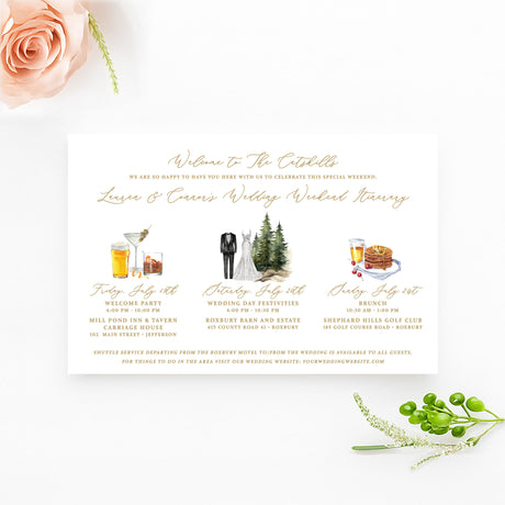 gold crest wedding itinerary with watercolor pictures to match events