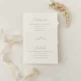 classic gold crest details card with hand torn edges featuring flowing calligraphy and traditional block fonts and gold floral branch accent