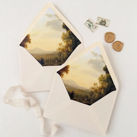pale blush envelopes with antique landscape painting envelope liners