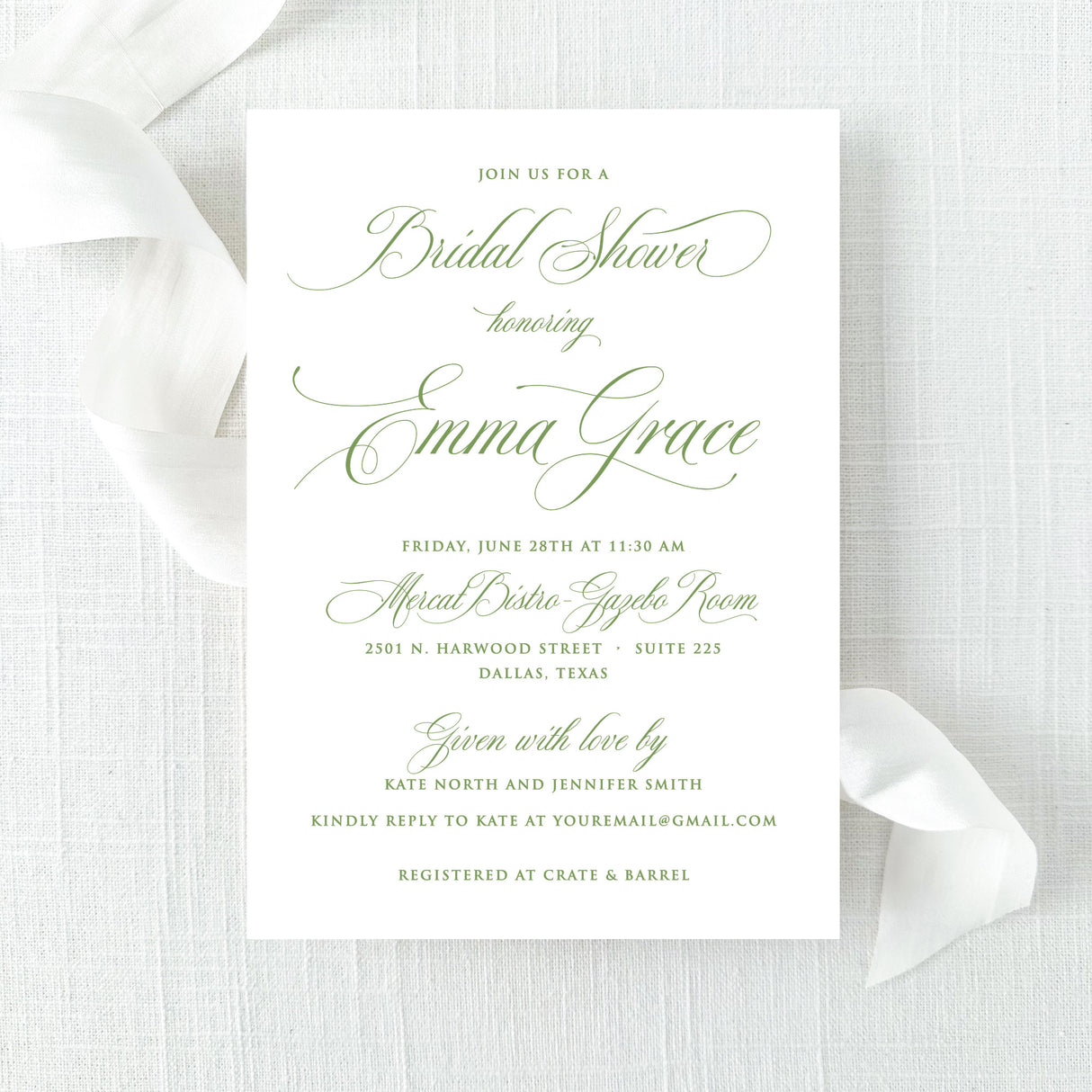 garden green bridal shower invitation with script fonts
