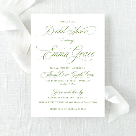 garden green bridal shower invitation with script fonts