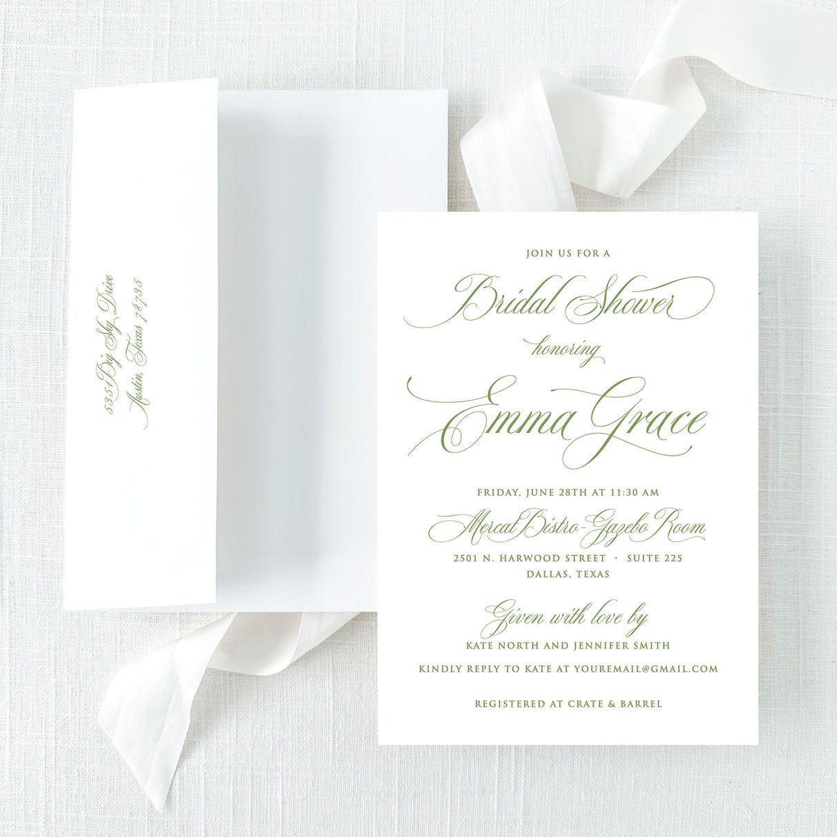 classic script bridal shower invitation with envelope featuring return address 