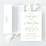 classic script bridal shower invitation with envelope featuring return address 