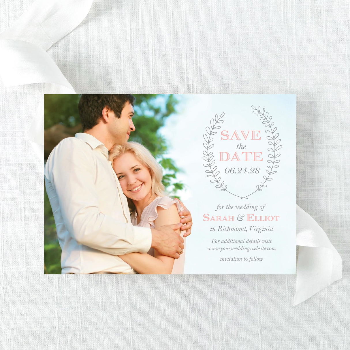 Grey and Blush Laurel Wreath Photo Save the Date