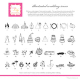 Collection of illustrated wedding icons for itinerary
