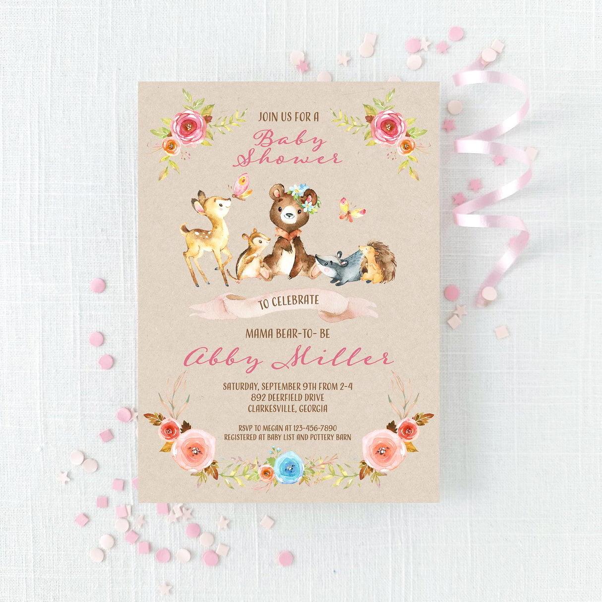 mama bear baby shower invitation with forest animals and floral decorations on a tan background with multi colored florals