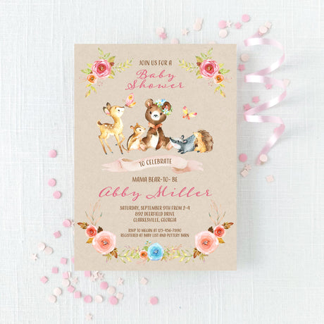 mama bear baby shower invitation with forest animals and floral decorations on a tan background with multi colored florals