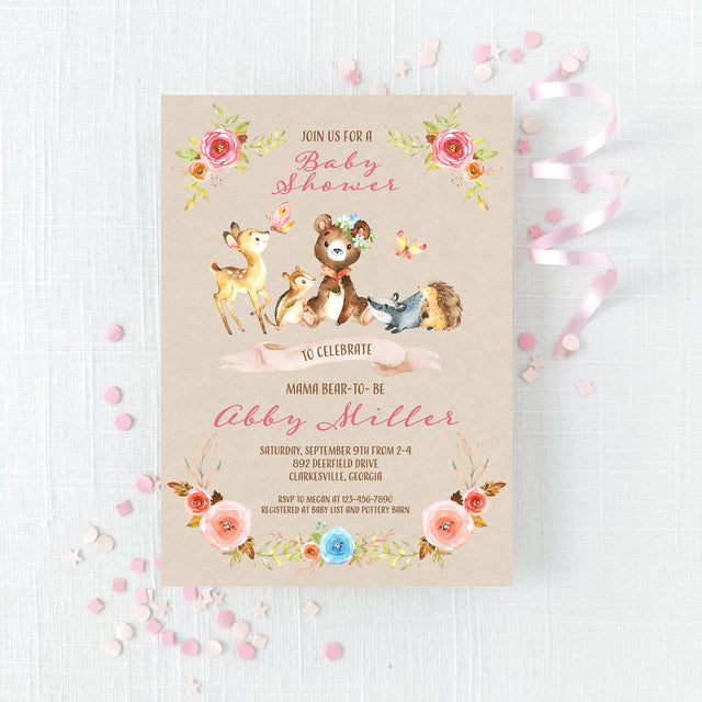 mama bear baby shower invitation with forest animals and floral decorations on a tan background with multi colored florals