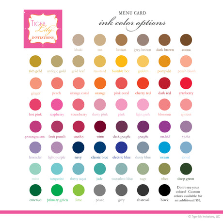 color chart for displaying a range of ink colors available for customization, including shades of dusty blue, gray, gold leaf, and dusty pink