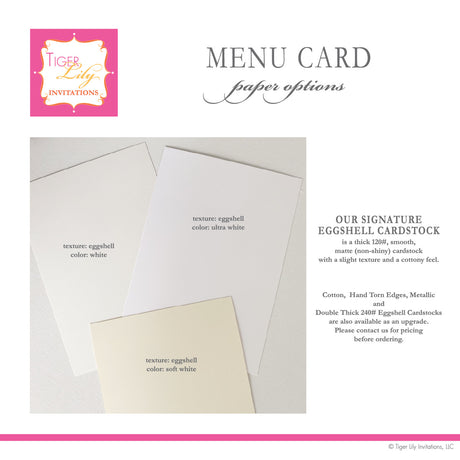 examples of white, ultra white, and soft white eggshell cardstock paper options for menu cards 