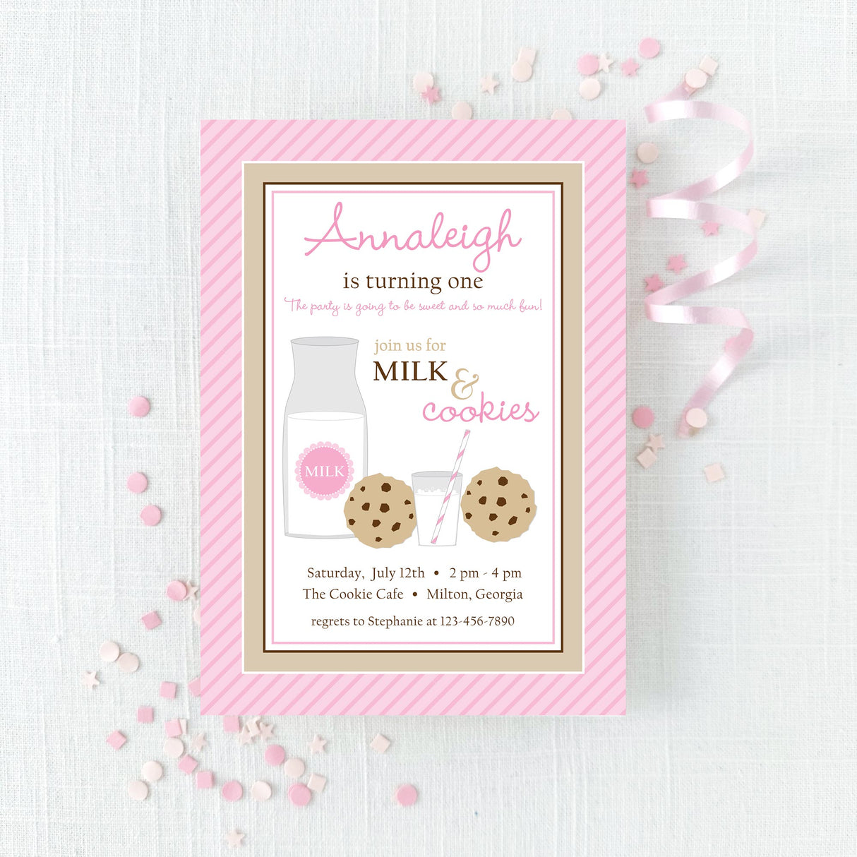pink birthday invitation for a 'Milk and Cookies' themed party