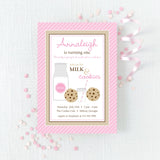 pink birthday invitation for a 'Milk and Cookies' themed party