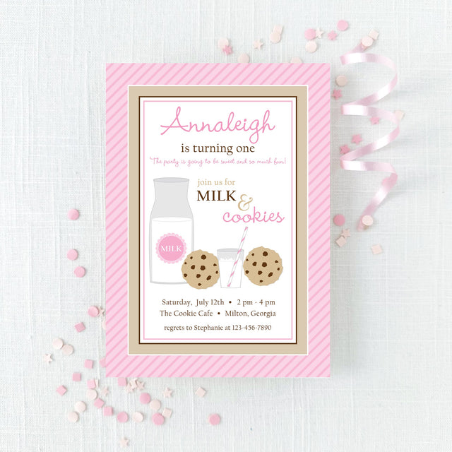 pink birthday invitation for a 'Milk and Cookies' themed party