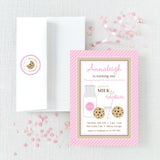 pink invitation for milk and cookies themed party with envelope featuring return address