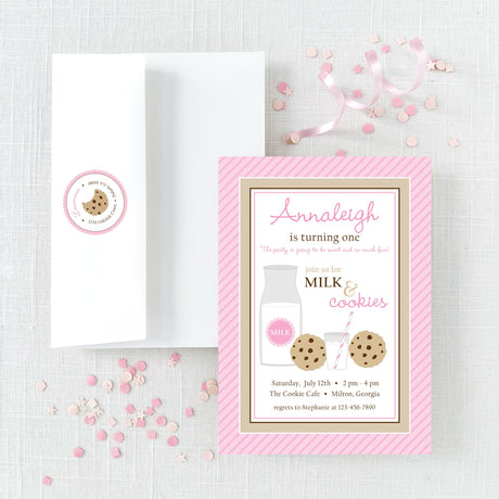 pink invitation for milk and cookies themed party with envelope featuring return address