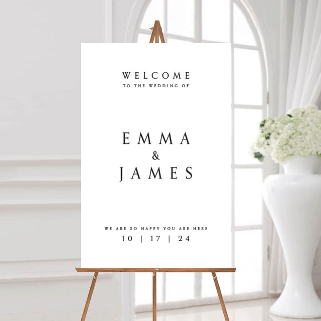 minimal black and white wedding welcome sign with the couple's names and wedding date