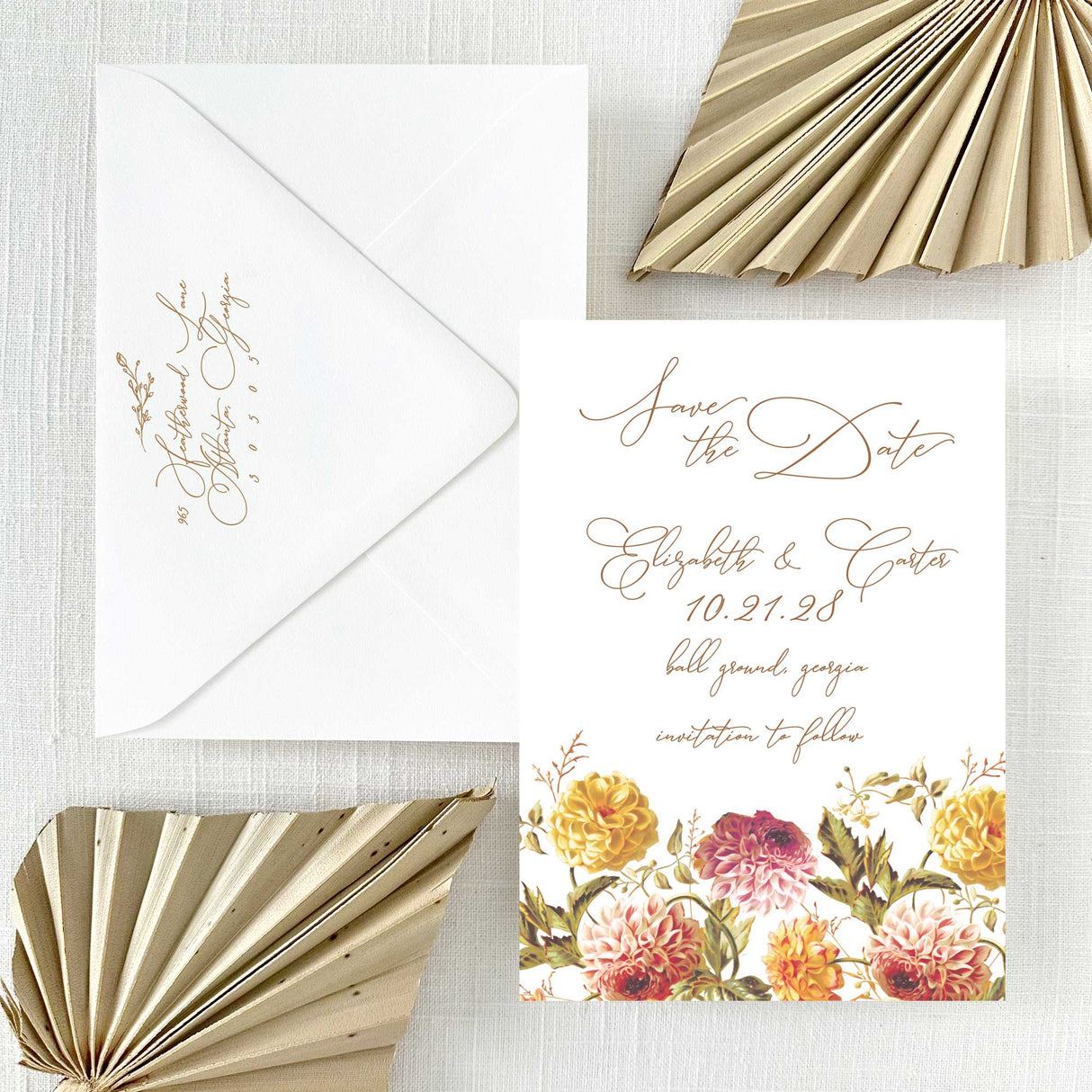 dahlia flora save the date card and matching envelope with return addressing
