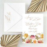 dahlia flora save the date card and matching envelope with return addressing