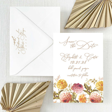 dahlia flora save the date card and matching envelope with return addressing