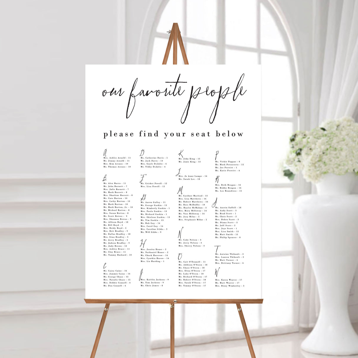 modern chic wedding seating chart printed on 24 x 36 white foamboard