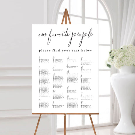 modern chic wedding seating chart printed on 24 x 36 white foamboard