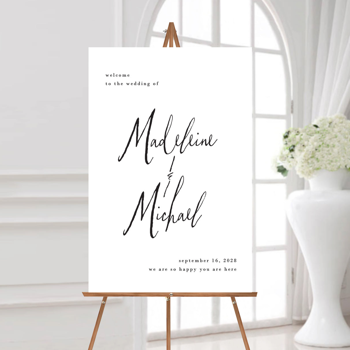 wedding welcome sign with modern minimal design printed on white foamboard