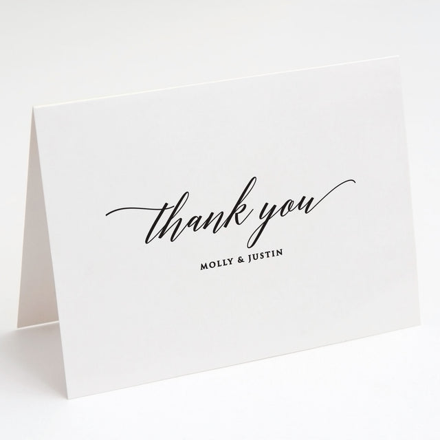 modern black and white wedding thank you notes featuring couple's names