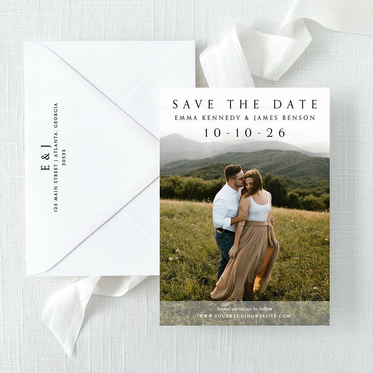 modern photo save the date with envelope featuring return address