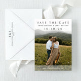 modern photo save the date with envelope featuring return address