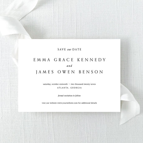 A black and white modern save the date with block font 