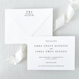 black and white save the date with envelope featuring return addressing