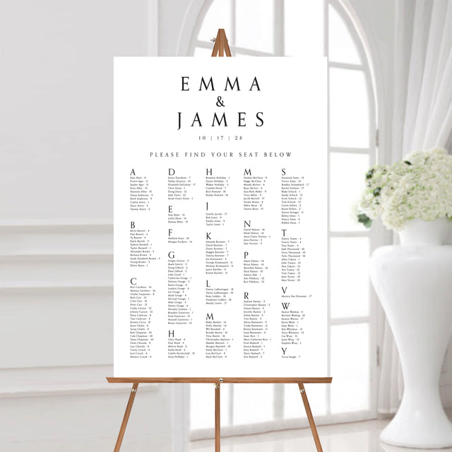 black and white modern wedding seating chart 
