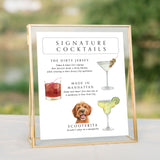 signature drink menu sign featuring a watercolor of your pet and drink choices