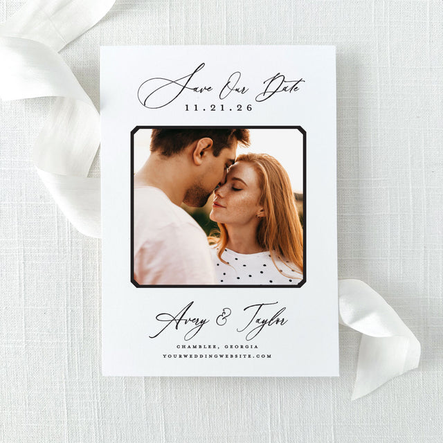modern photo save the date with a mix of script and block fonts